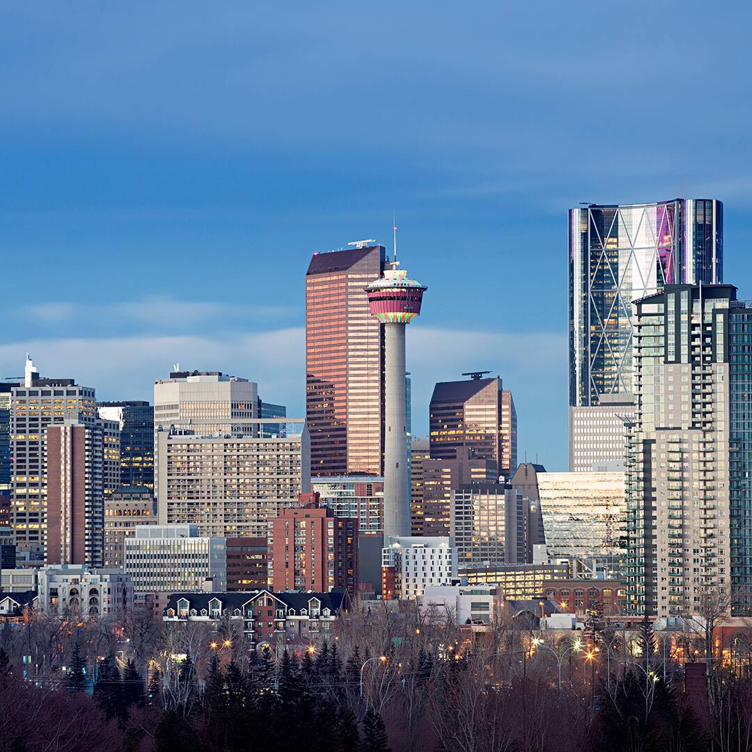 Downtown core with the Calgary tower at twilight