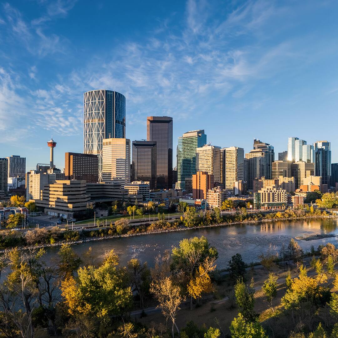 Sunrise Aerial Panorama of Calgary Skyline and Bow River
