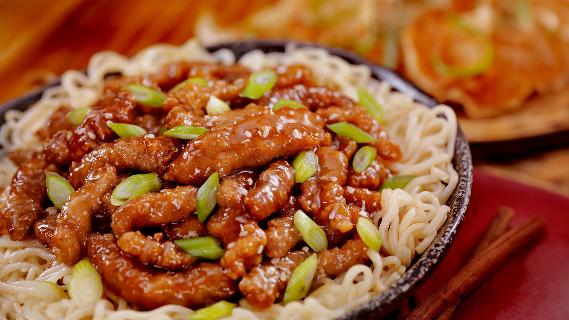 Ginger Fried Beef with Noodles and Green Onions