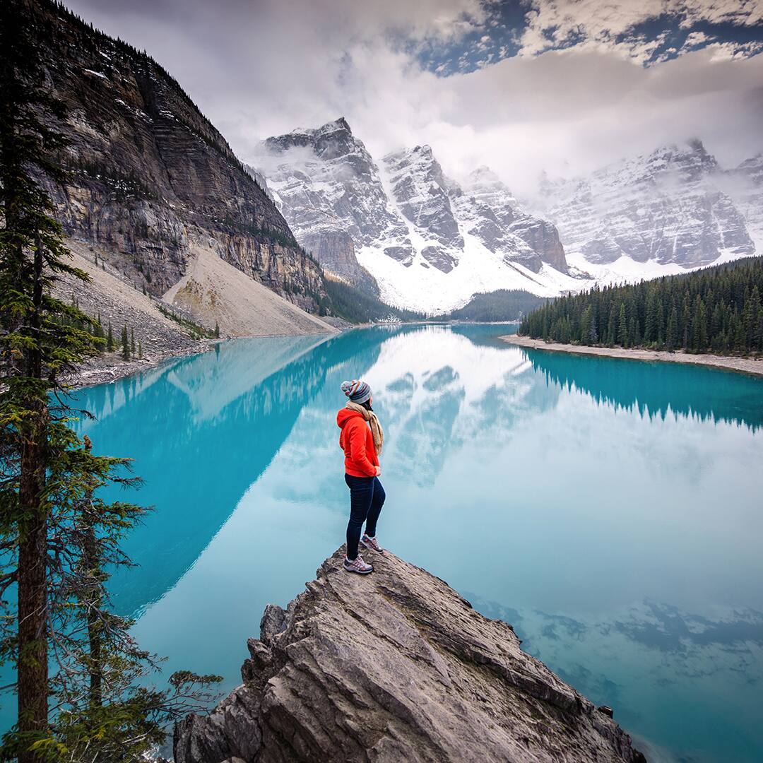Hiking to the top , moraine lake , banff national park in canadian rockies, Alberta , Canada