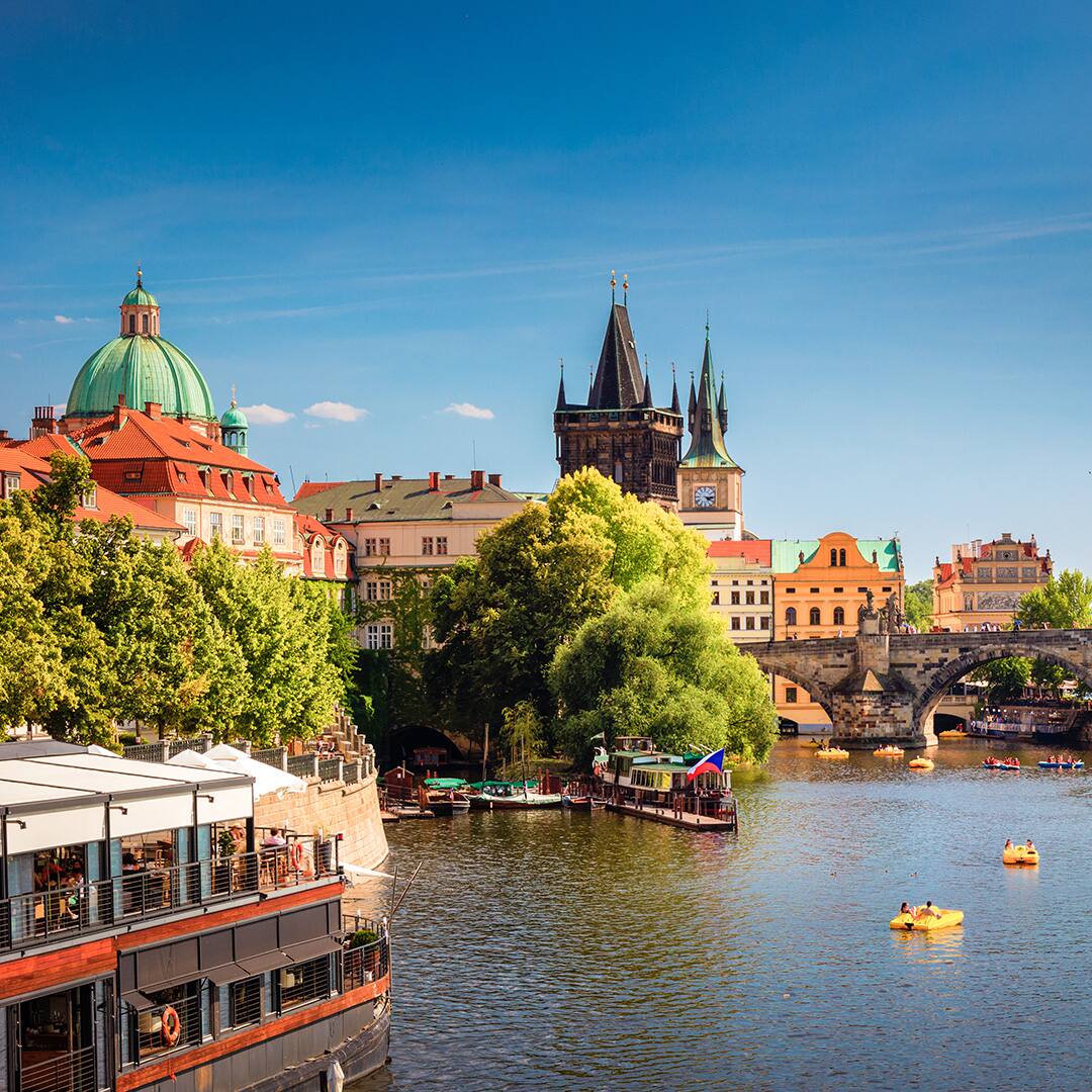 Charles Bridge and Prague Castle, Prague, Czech Republic. Image taken outdoors, daylight.