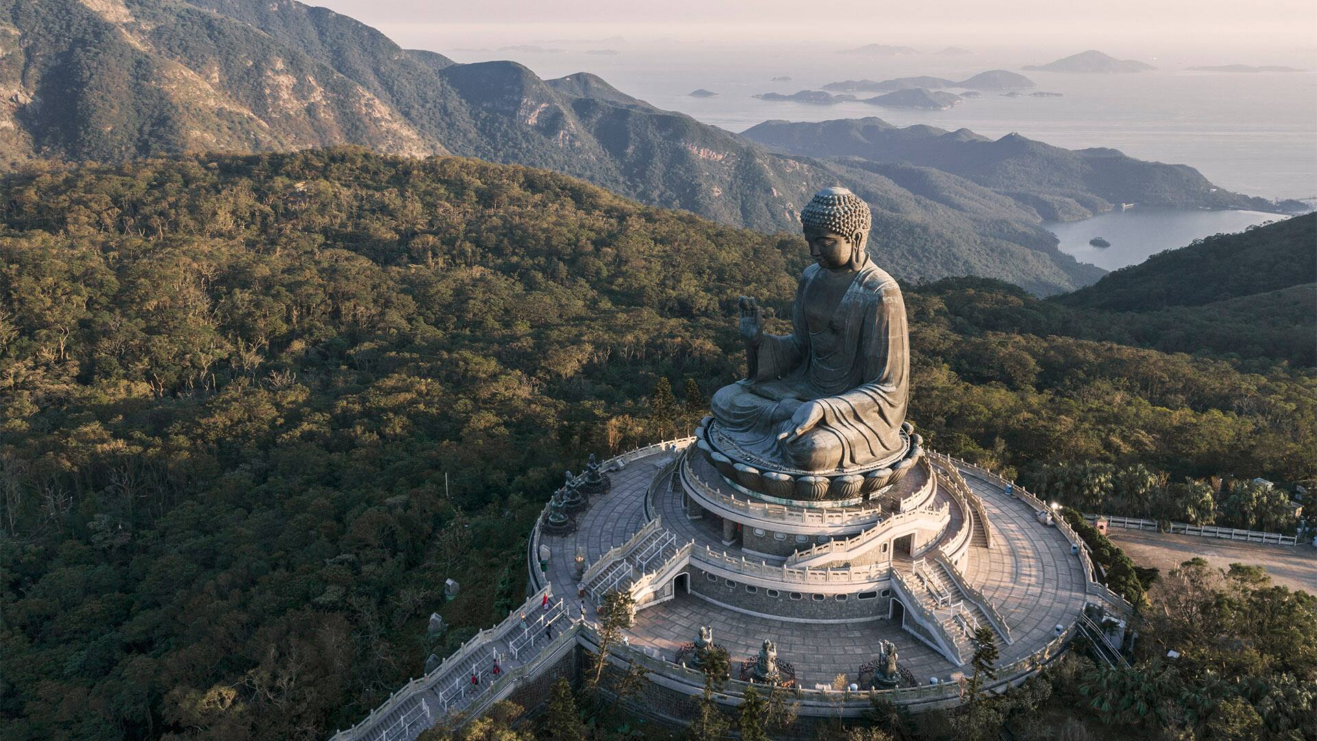 Aerial View Of Hong Kong Tian Tan Buddha At Dusk