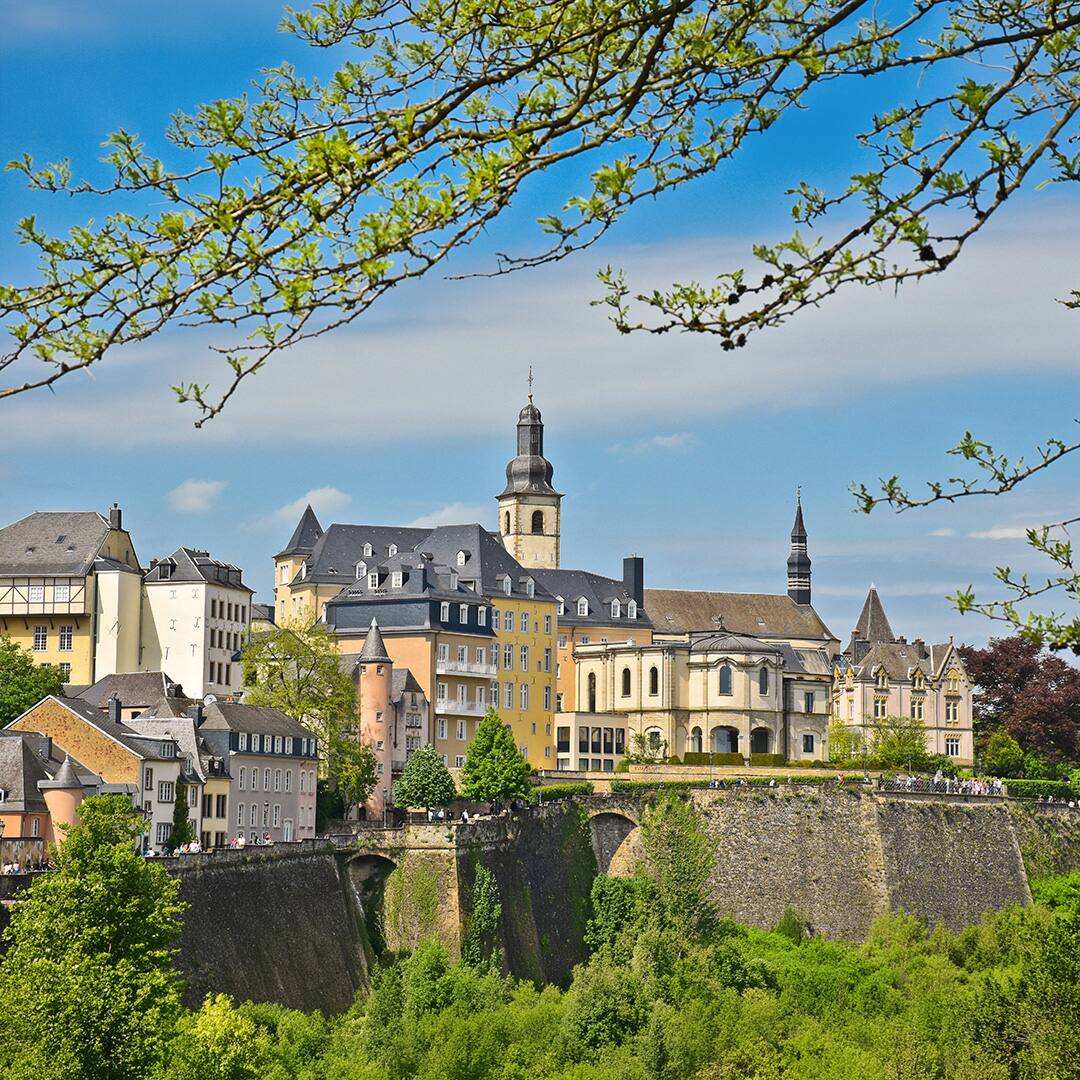 Historic buildings and a church tower rise above a stone wall, framed by green tree branches, in a European city under a blue sky,Luxembourg,Luxembourg