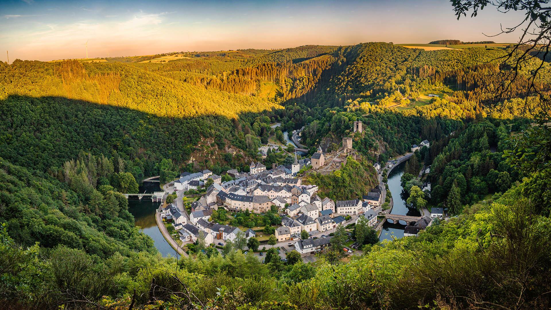 Aerial view of the Esch-sur-Sure (Esch-Sauer) town, Luxembourg