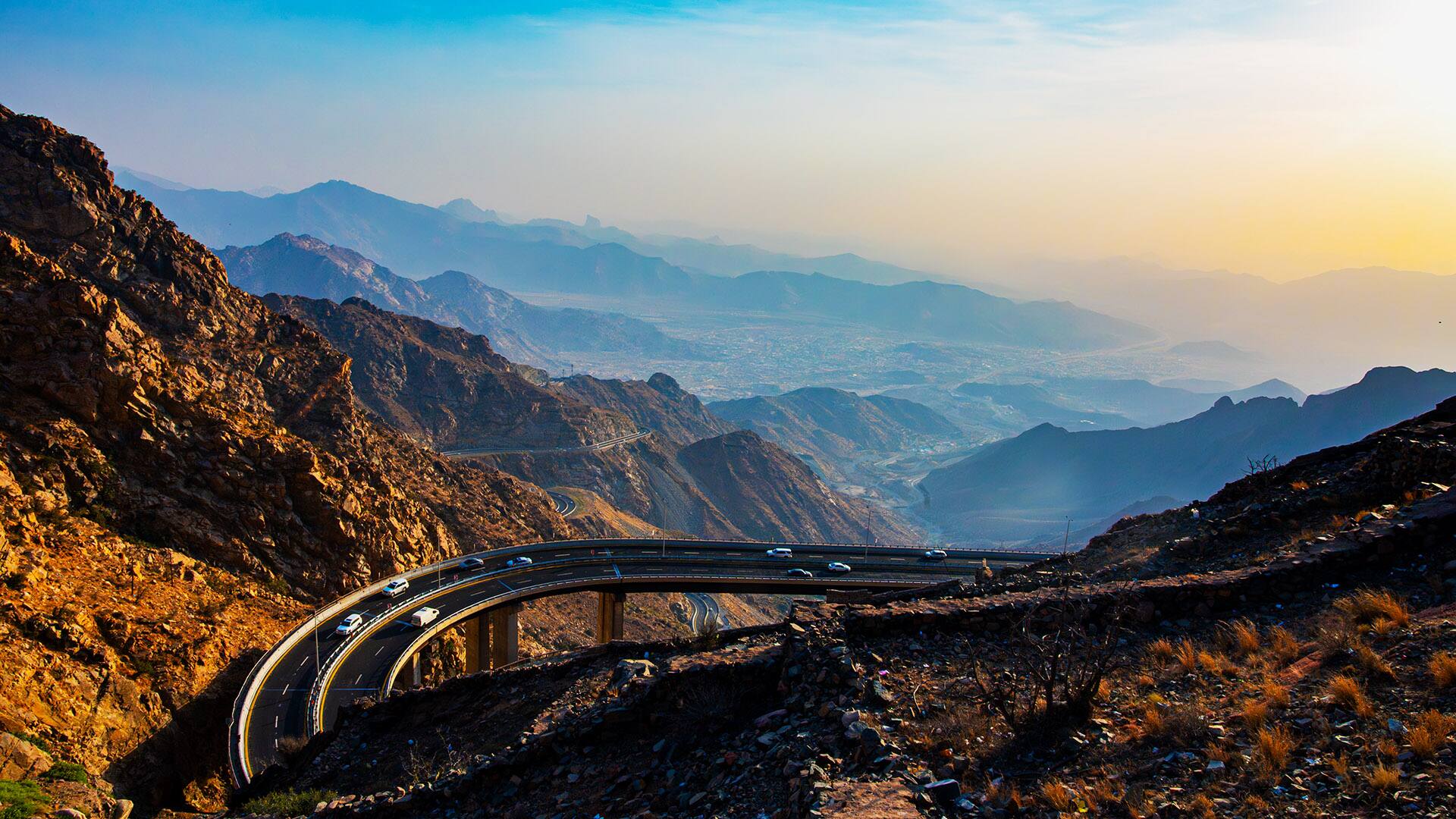Scenic view of mountains against sky during sunset,Taif,Makkah Al Mukarramah Province,Saudi Arabia