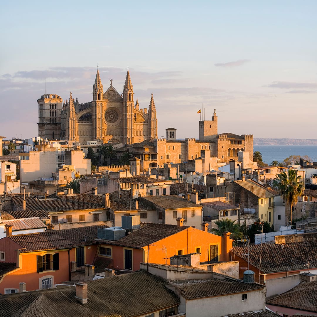 Cityscape with La Seu Cathedral and rooftops, Palma de Mallorca , Majorca, Spain