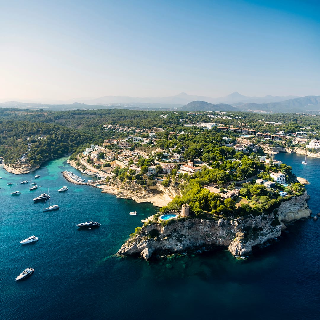 Spain, Mallorca, Palma de Mallorca, Aerial view, El Toro, Villas and yachts near Portals Vells