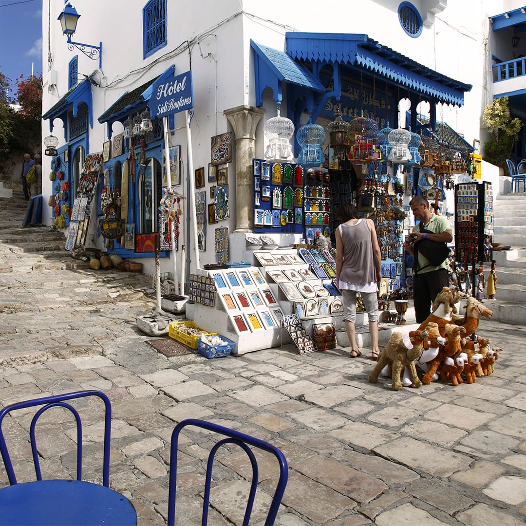 Africa, North Africa, Tunisia, Sidi Bou Said, Souvenir Shop, White and Blue Architecture