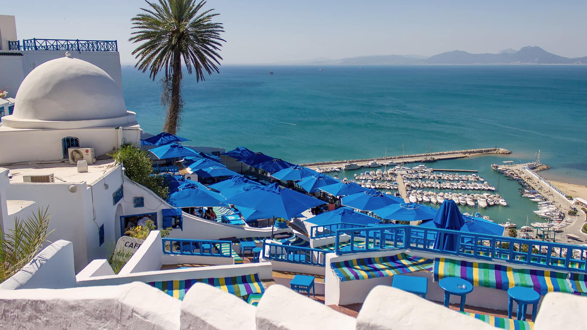 Terrace, view of the port, Sidi Bou Saïd, Tunisia