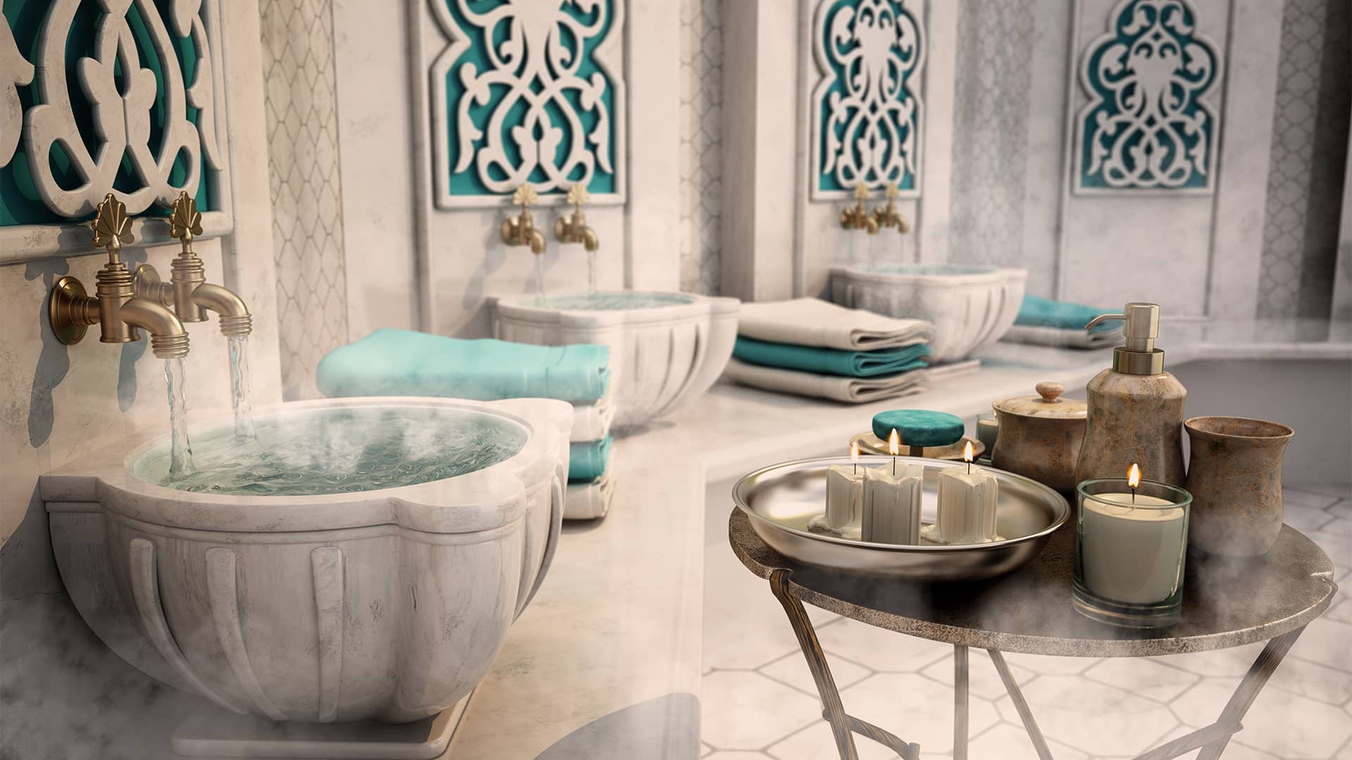 Historic Turkish Bath Interior With Running Water and Candlelight in Evening