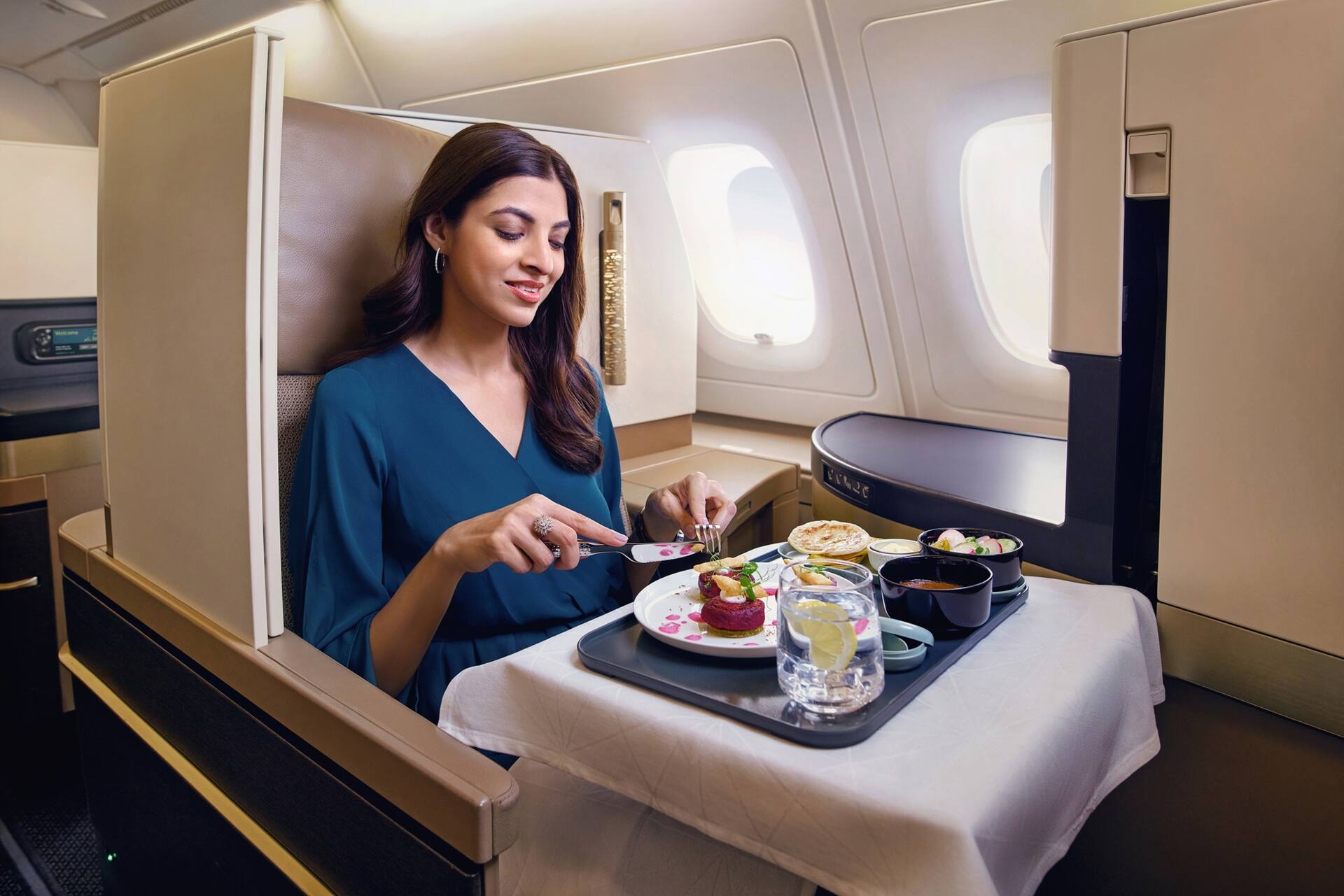 A380 Business cabin lady eating