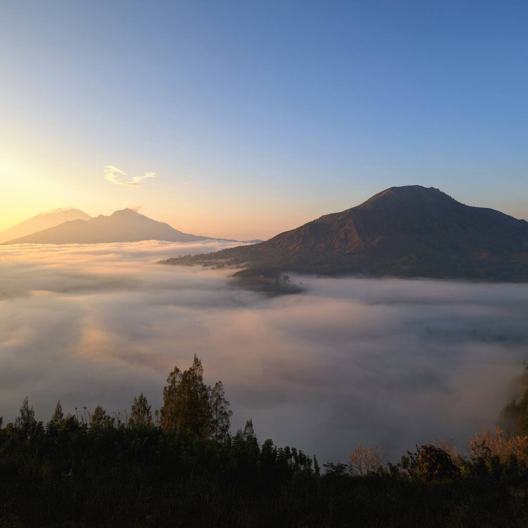 Thick Fogs Surrounded Mt. Batur Caldera from Pinggan Village Kintamani
