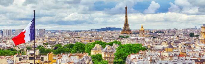 view of paris skyline including the eiffel tower with french flag in foreground