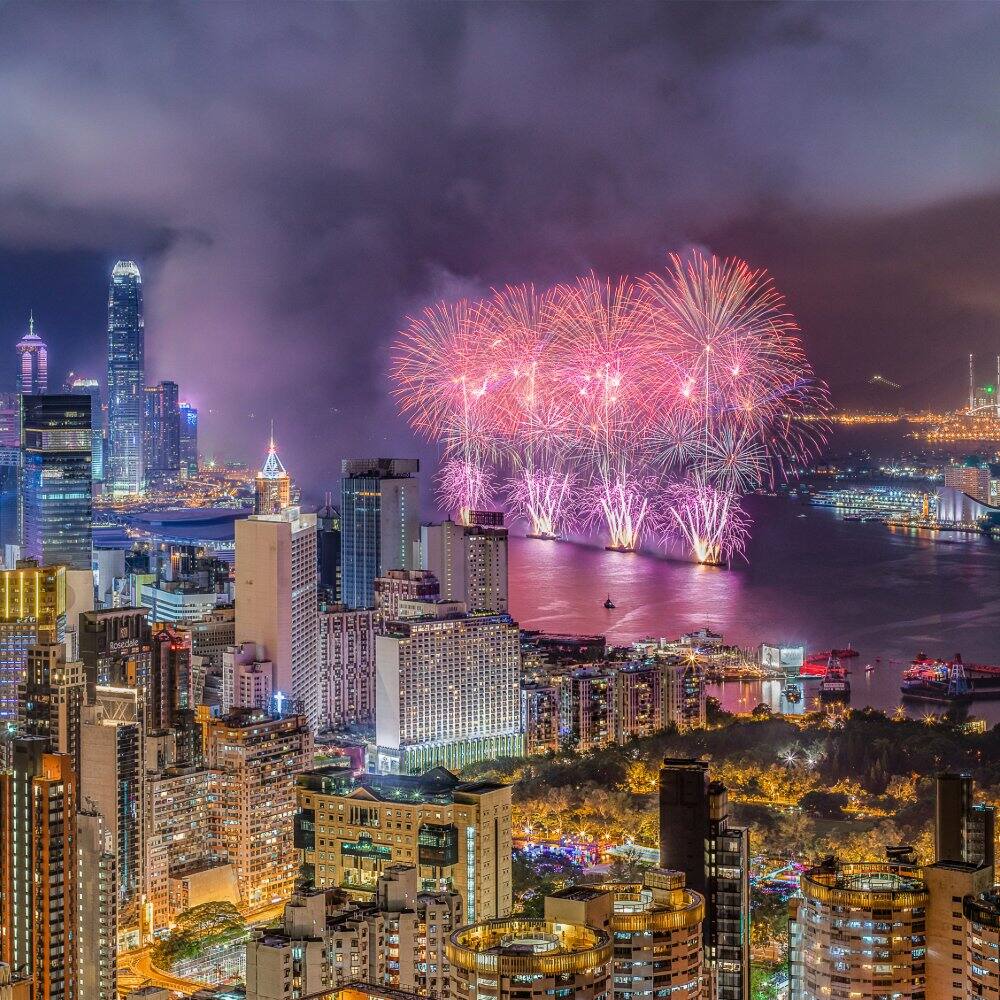 fire works over the river in hong kong