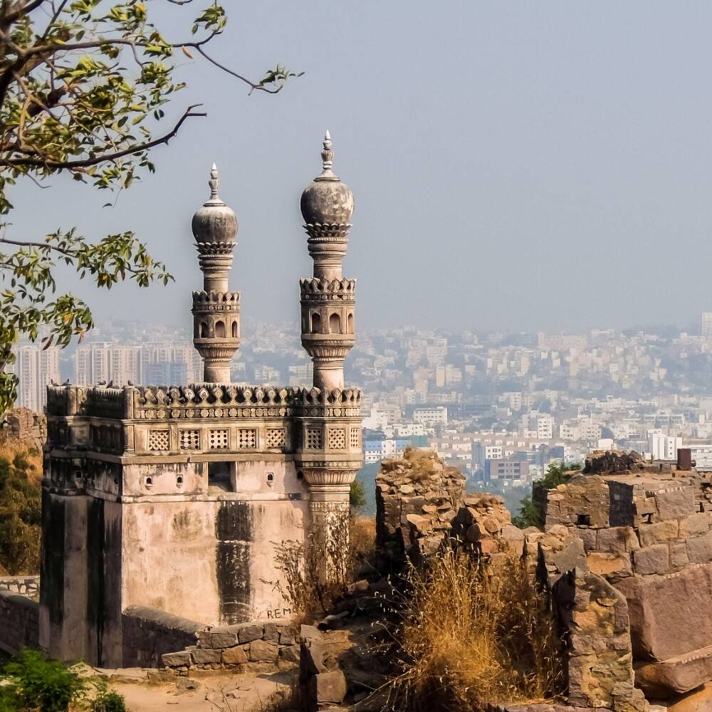 aerial view of hyderabad with the charminar monument in the foreground