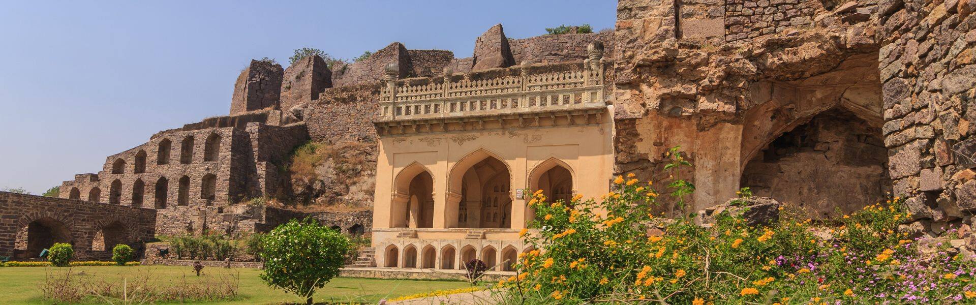 outside of the golconda fort and gardens hyderabad