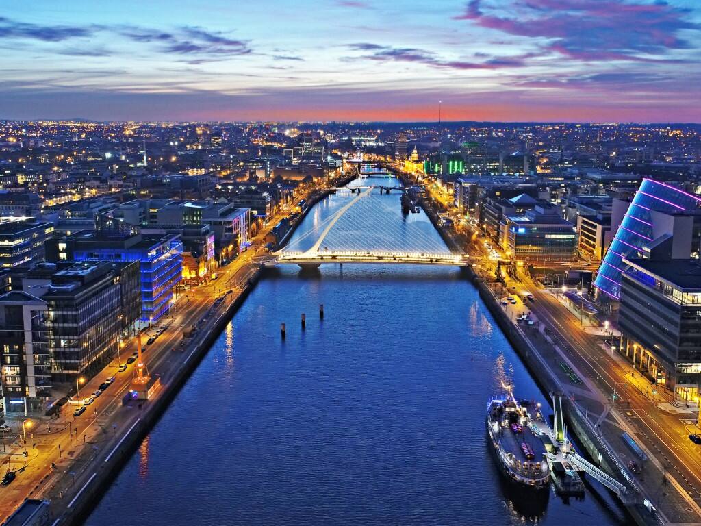 aerial view of dublin skyline at night