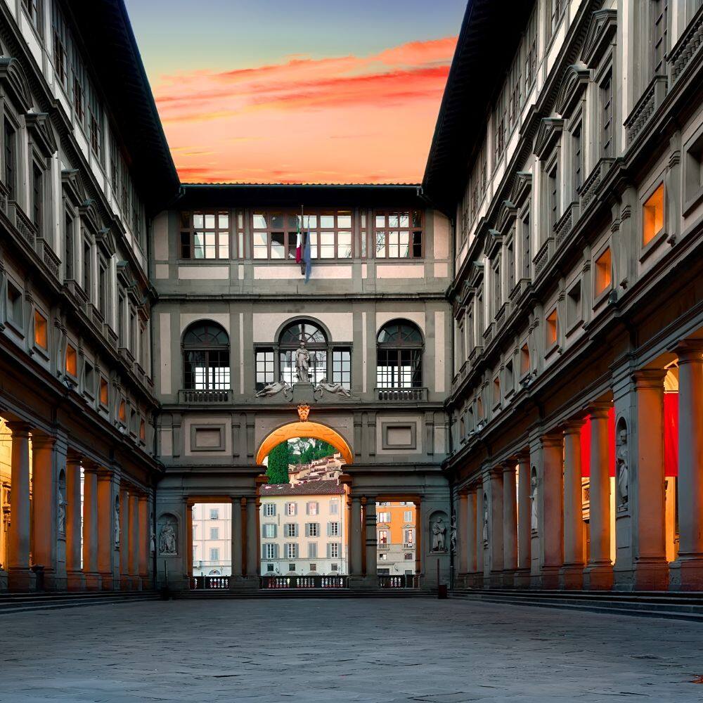 inside piazzale degli Uffizi at sunset in florence italy