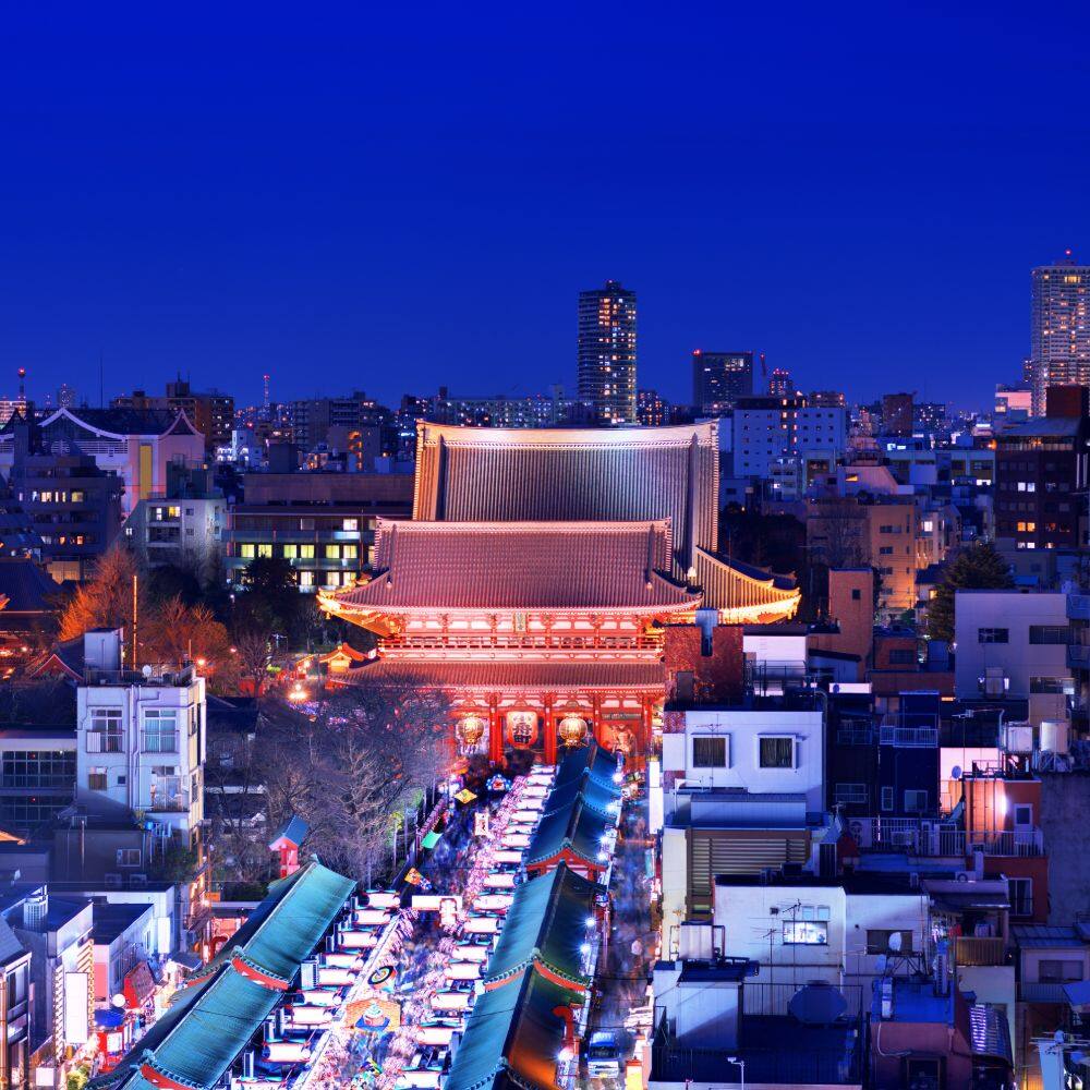 view of traditional japanese buildings at night tokyo