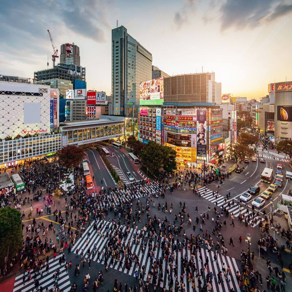 view of a busy crossing at sunset in tokyo japan