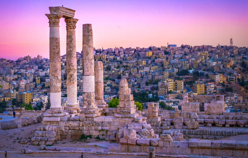 roman ruins in ancient citadel park at sunset in amman jordan