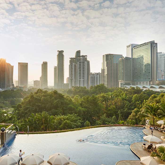 aerial view of petronas twin towers and financial district in kuala lumpur malaysia