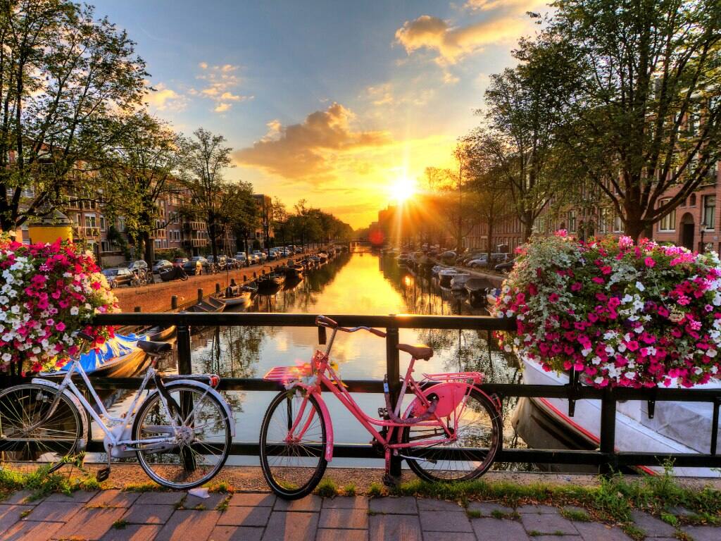 amsterdam bridge with bicycle at sunrise