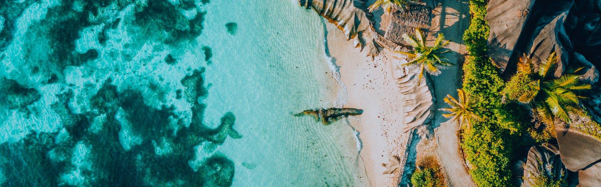 aerial view of anse source d argent beach at la digue island seychelles