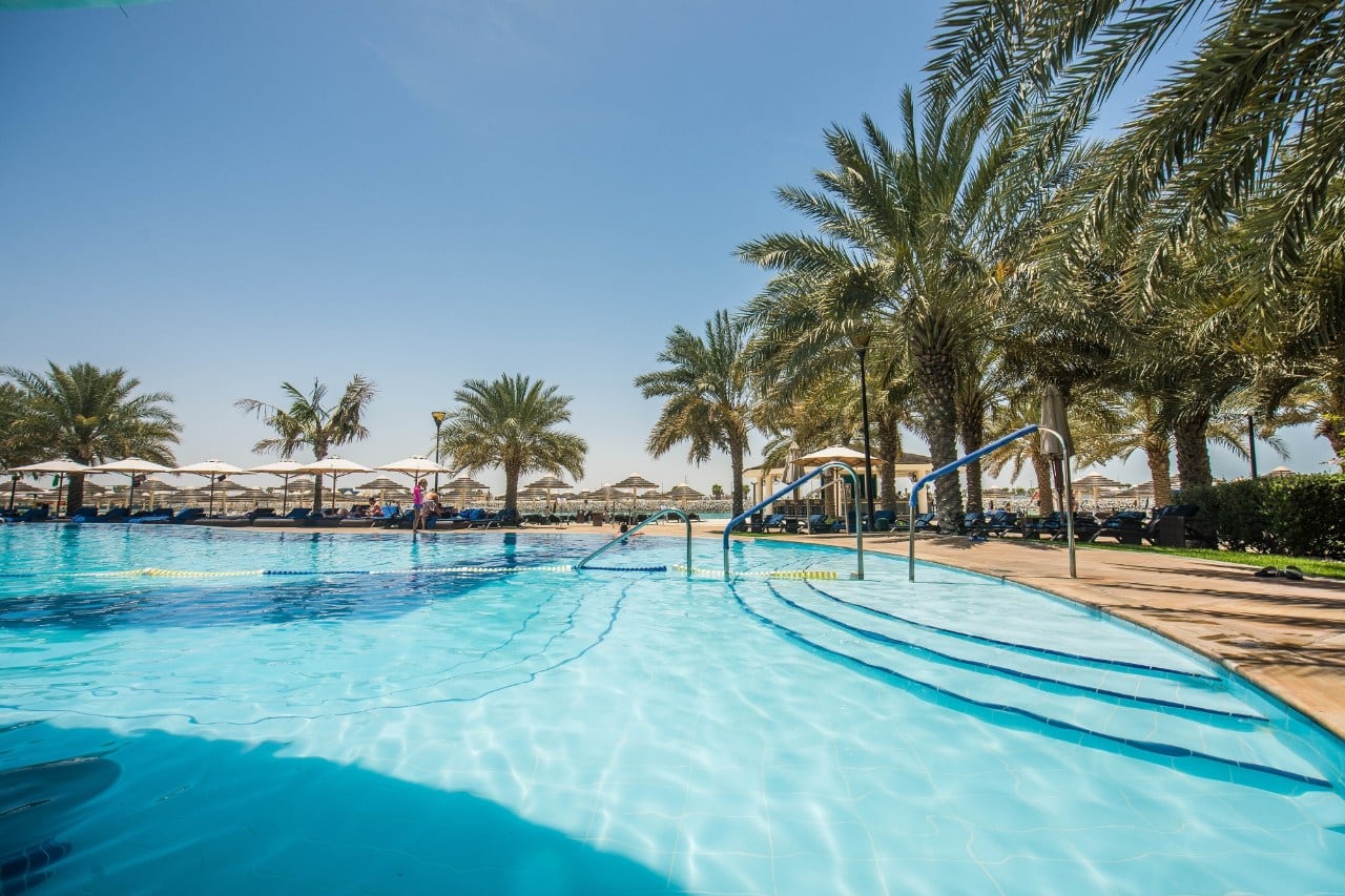 swimming pool surrounded by palm trees at intercontinental abu dhabi