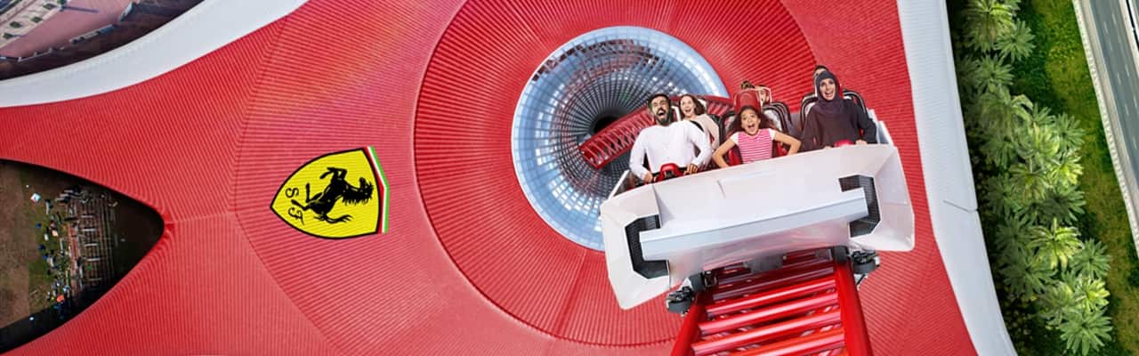 aerial view of people on rollercoaster at ferrari world