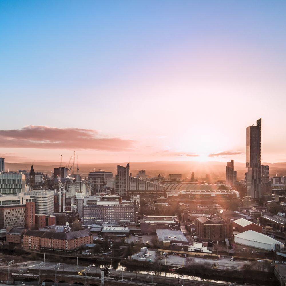 aerial view of manchester skyline 