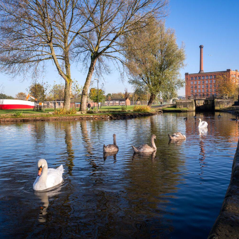 view of the old cotton mill and river in ancoats manchester 