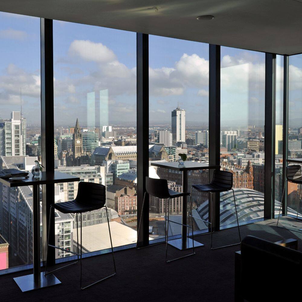 view from restaurant window of manchester city 