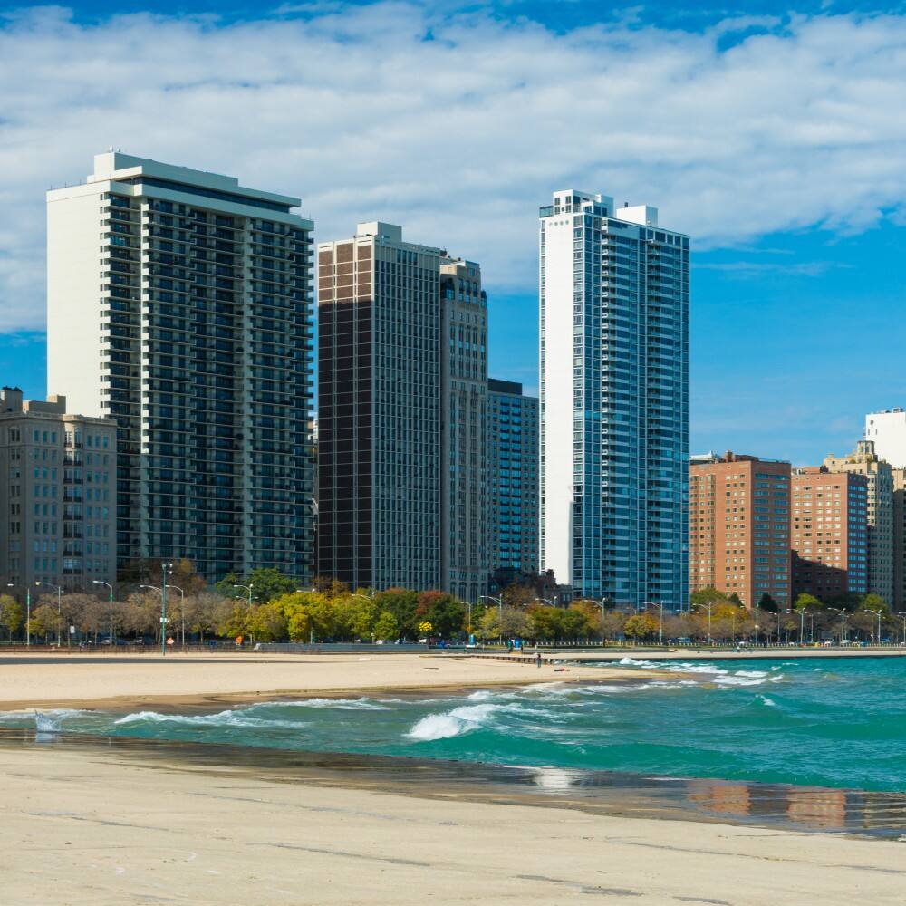 chicago gold coast and beach with skyscrapers in the background usa