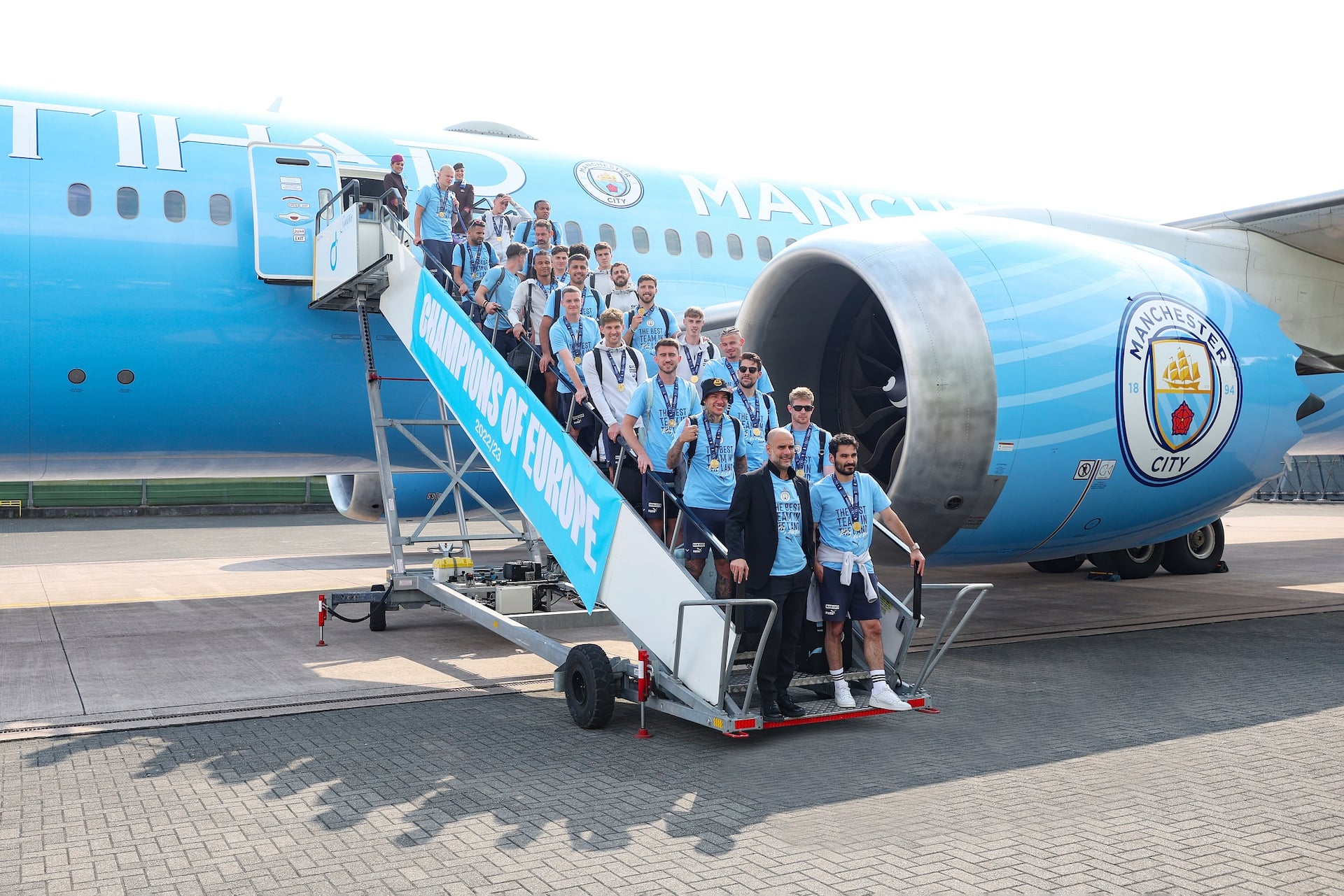 Treble winners Manchester City fly home on Etihad Airways' City branded livery