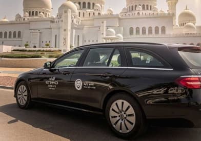 etihad Chauffer car in front of abu dhabi grand mosque
